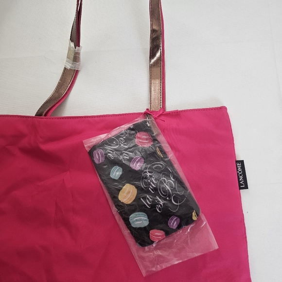 Lancome Hot Pink Nylon Tote Bag With Bronze Straps + Bonus Mini Pouch - Picture 3 of 7